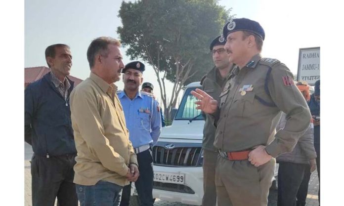 SSP Traffic Rural Jammu, Vinay Kumar interacting with the drivers during an awareness drive on Tuesday.
