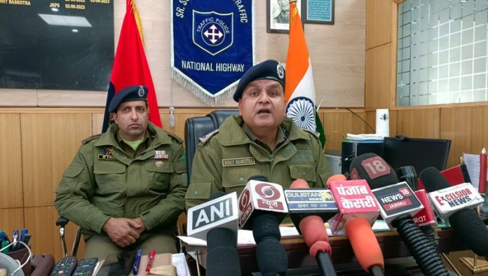 SSP Traffic NHW, Rohit Baskotra addressing a press conference on Saturday. - Excelsior/Parvaz Mir