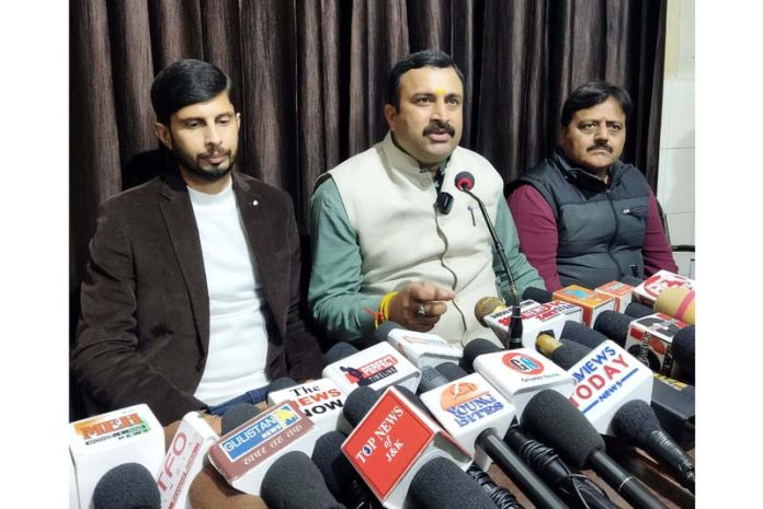 Mahant Rohit Shastri, KJEVST president addresses a press conference at Jammu on Thursday.