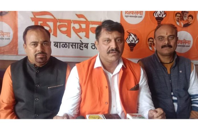 Shiv Sena leaders addressing a press conference at Jammu on Saturday.
