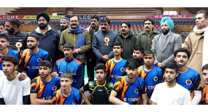 BJP National President Kissan Morcha Raj Kumar Chahar posing with other dignitaries during Namo Kabaddi tournament at Srinagar.