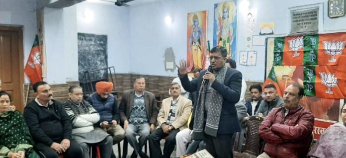 BJP general secretary, Vibodh Gupta addressing a party programme at Akhnoor on Wednesday.