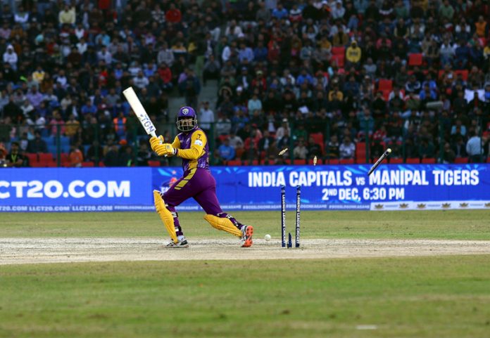 Yousuf Pathan’s middle stump uprooted during a LLC match between Bhilwara Kings and Urbanrisers Hyderabad at MA Stadium, Jammu on Friday. - Excelsior/Rakesh