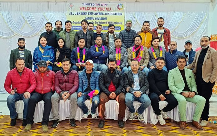 Newly elected office bearers of NHM Employees Association, Jammu division posing together. Newly elected office bearers of NHM Employees Association, Jammu division posing together.