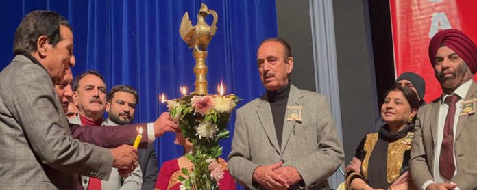 DPAP Chairman, Ghulam Nabi Azad and others lighting lamp on the Annual Day event of IDPS on Friday.