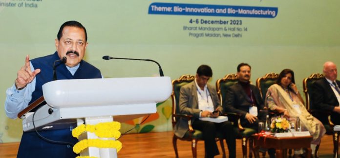 Union Minister Dr. Jitendra Singh speaking after inaugurating “Global Bio-India 2023 International Conference” at Bharat Mandapam, New Delhi on Monday.
