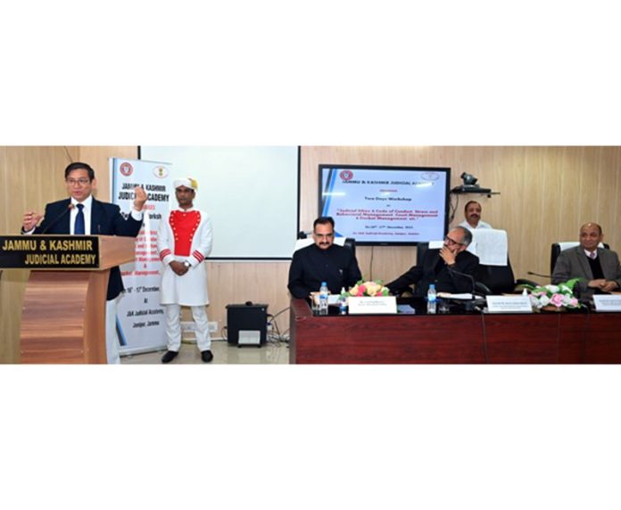 Chief Justice High Court of Jammu & Kashmir & Ladakh N Kotiswar Singh speaking during workshop at Jammu on Saturday.