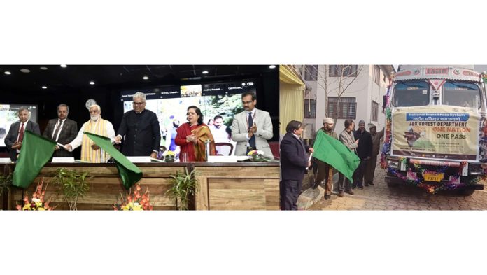 Union Minister for Forest and Environment Bhupender Yadav flagging off vehicles under 'One Nation One Pass System' on Friday.