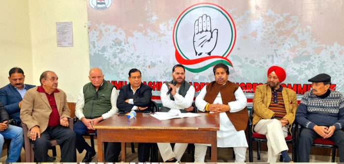 JKPCC president, Vikar Rasool Wani along with senior Cong leaders during meeting in Jammu on Friday.