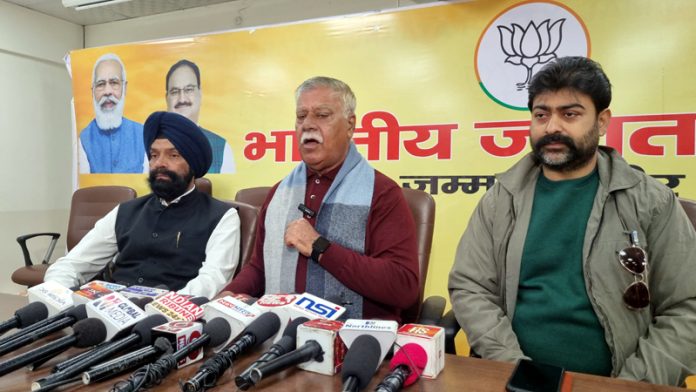Former Minister and BJP senior leader Ch Sukhnandan addressing a press conference in Jammu on Wednesday.