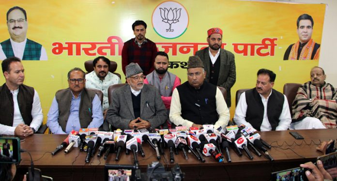BJP MP (RS), Gulam Ali Khatana and other senior leaders at a press conference at Jammu on Saturday. -Excelsior/Rakesh BJP MP (RS), Gulam Ali Khatana and other senior leaders at a press conference at Jammu on Saturday. -Excelsior/Rakesh