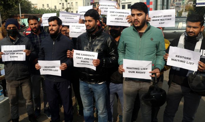 JKSSB aspirants protesting at Jammu on Tuesday.