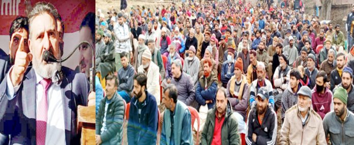 Apni Party president, Altaf Bukhari addressing public rally in Uri on Sunday.