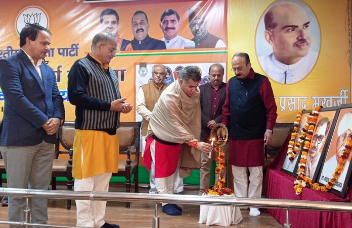BJP leaders lighting a lamp at party workshop in Jammu on Saturday.