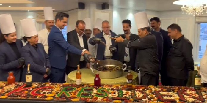 Vice President of KC Hotels Pvt Ltd, Rahul Jandial, with his team performs Cake Mixing ceremony at Jammu on Wednesday.