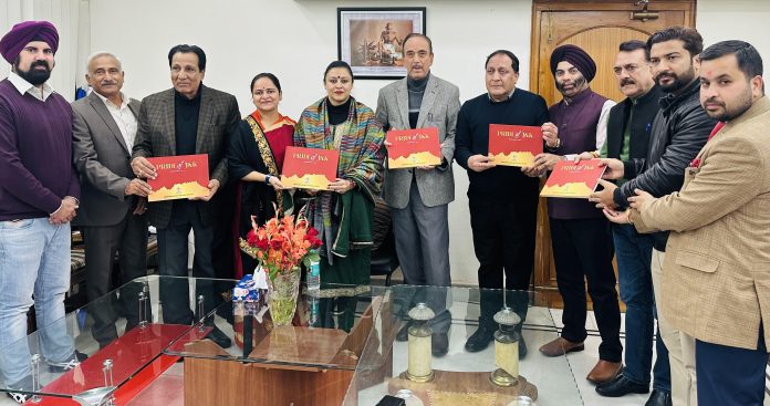 Former CM and DPAP chairman G N Azad flanked by others releasing magazine ‘Pride of J&K’ in Jammu on Wednesday.