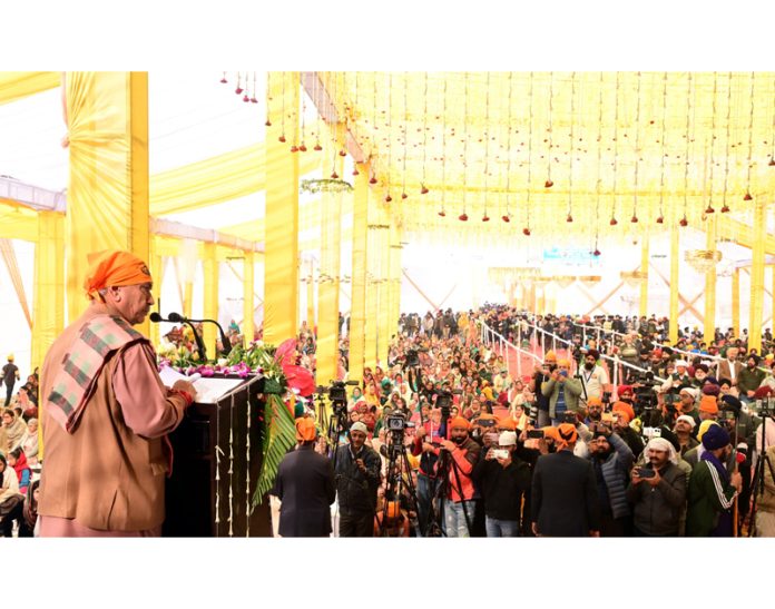 LG Manoj Sinha addressing an event at Bhagwati Nagar Gurudwara on Tuesday.