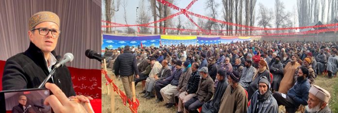 NC vice president Omar Abdullah addressing a gathering at Rafiabad on Sunday.