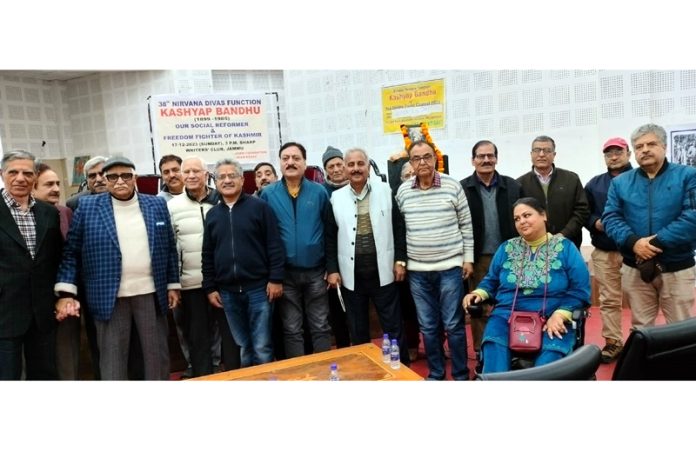 Dignitaries during a function held in connection with 38th death anniversary of Kashyap Bandhu at Jammu on Sunday.