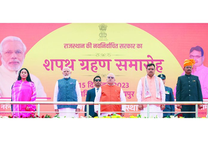 Prime Minister Narendra Modi attends swearing in ceremony of Rajasthan Government in Jaipur, Rajasthan, on Friday. (UNI)