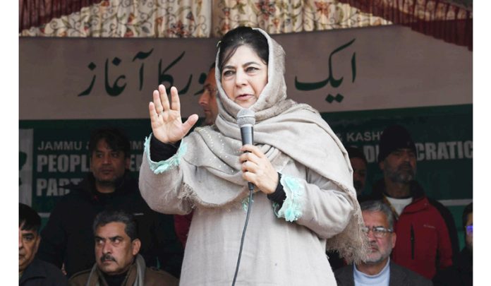 People’s Democratic Party supremo Mehbooba Mufti addressing the workers’ convention, at Peerbagh, in Budgam district on Tuesday. (UNI) People’s Democratic Party supremo Mehbooba Mufti addressing the workers’ convention, at Peerbagh, in Budgam district on Tuesday. (UNI)