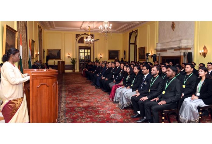 President Droupadi Murmu addressing Probationers of Indian Audit and Accounts Service, Indian Revenue Service (Customs and Indirect Taxes) and Indian Statistical Service at Rashtrapati Bhavan, in New Delhi on Tuesday. (UNI) President Droupadi Murmu addressing Probationers of Indian Audit and Accounts Service, Indian Revenue Service (Customs and Indirect Taxes) and Indian Statistical Service at Rashtrapati Bhavan, in New Delhi on Tuesday. (UNI)