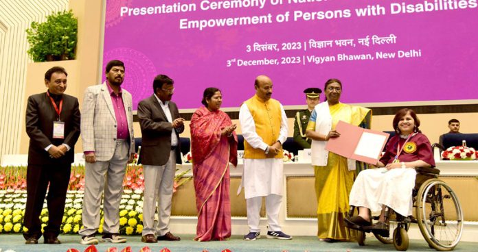 President of India, Droupadi Murmu confers the National Awards for the Empowerment of Persons with Disabilities for the year 2023 on the occasion of the International Day of Persons with Disabilities at Vigyan Bhawan, in New Delhi on Sunday.
