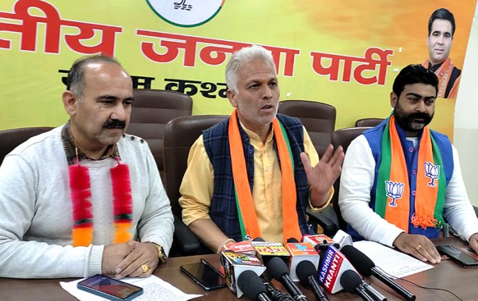 BJP leaders at a press conference at Jammu on Friday.