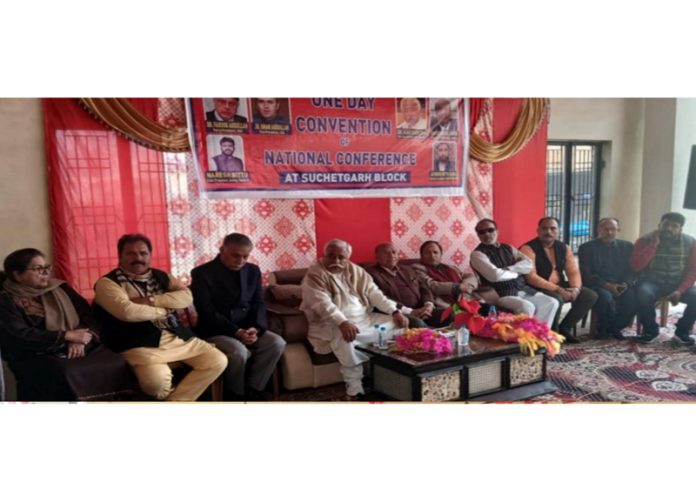 Senior NC leaders Ajay Sadhotra, Rattan Lal Gupta and others during party meeting in Suchetgarh on Tuesday. Senior NC leaders Ajay Sadhotra, Rattan Lal Gupta and others during party meeting in Suchetgarh on Tuesday.