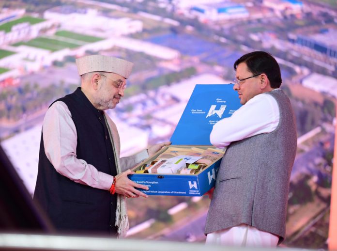 Uttarakhand CM Pushkar Singh Dhami alongwith Union Home Minister, Amit Shah on the concluding day of GIS at Dehradun in Uttarakhand on Saturday.