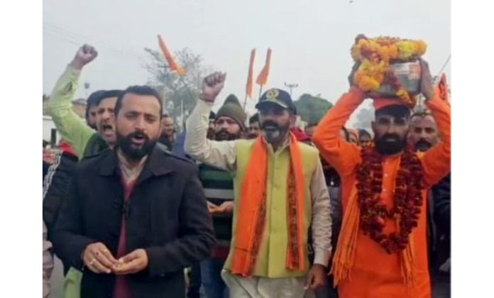 Devotees of Lord Shri Ram taking out Akshat Kalash Yatra in Khour area of Chhamb Assembly Constituency on Friday. Devotees of Lord Shri Ram taking out Akshat Kalash Yatra in Khour area of Chhamb Assembly Constituency on Friday.