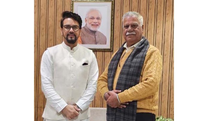Former Minister, Choudhary Sukhnandan during a meeting with Information and Broadcasting Minister, Anurag Thakur in New Delhi on Thursday.