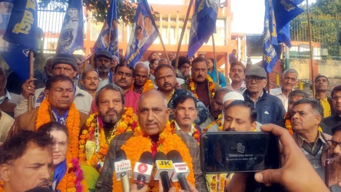 Newly appointed J&K BSP president Darshan Rana interacting with media persons on reaching Jammu.