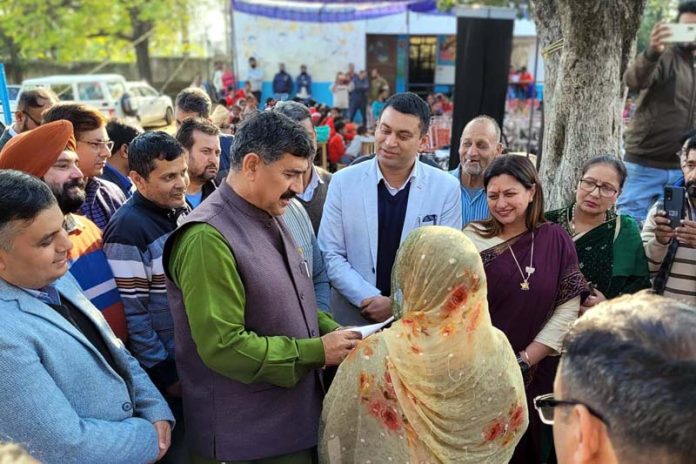 MP Jugal Kishore Sharma attending Viksit Bharat Sankalp Yatra at Babliana in Satwari on Sunday.