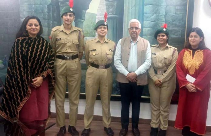 NCC Cadets with JU VC and others posing for a group photograph on Wednesday.