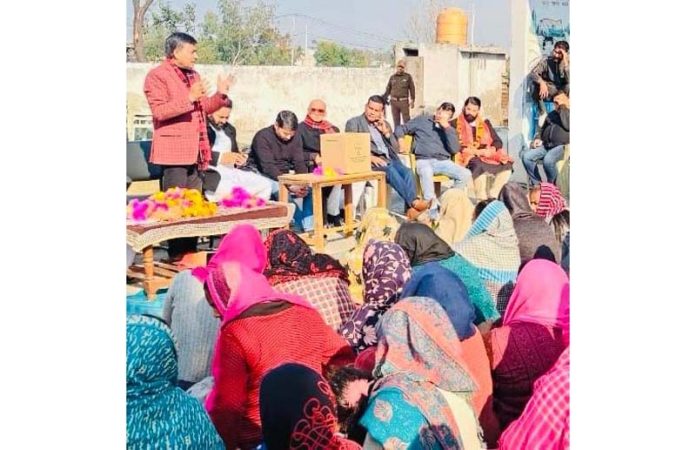 BJP general secretary, Vibodh Gupta addressing a public meeting at village Kanhal in Bishnah Tehsil on Sunday.