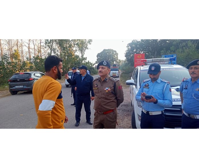 SSP Traffic Rural Vinay Kumar during supervision of traffic nakas on Samba-Kathua Highway on Saturday.