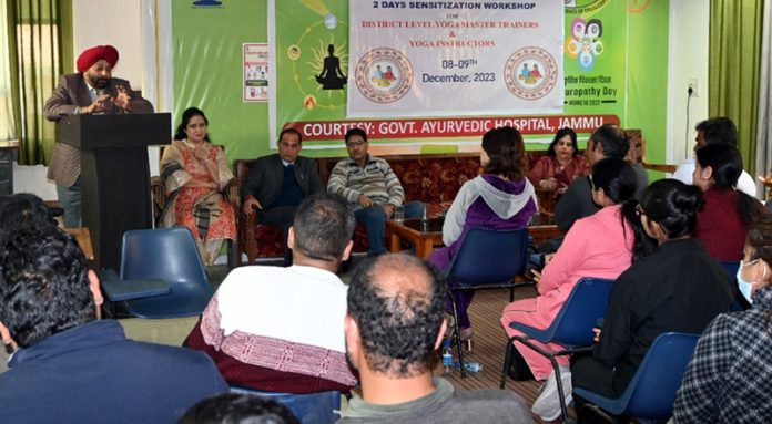 Director Ayush Dr Mohan Singh addressing the participants of Yoga Sensitization Workshop at Government Ayurvedic Hospital, Jammu. Director Ayush Dr Mohan Singh addressing the participants of Yoga Sensitization Workshop at Government Ayurvedic Hospital, Jammu.