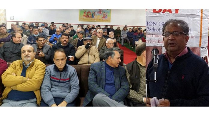 PK chairman, Dr Ajay Chrungoo addressing a convention at Roop Nagar, Jammu on Thursday.