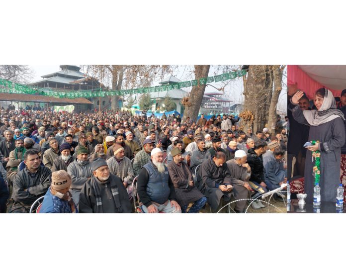 JKPDP chief Mehbooba Mufti addressing a gathering at Ganderbal on Thursday. JKPDP chief Mehbooba Mufti addressing a gathering at Ganderbal on Thursday.