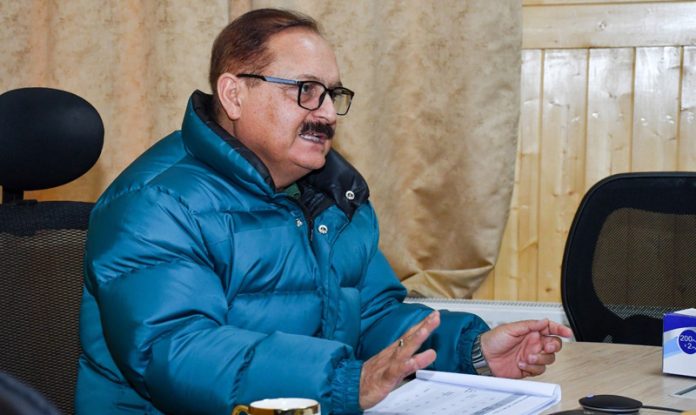 Advisor to LG Ladakh, Dr Pawan Kotwal, chairing a meeting in Leh on Monday.