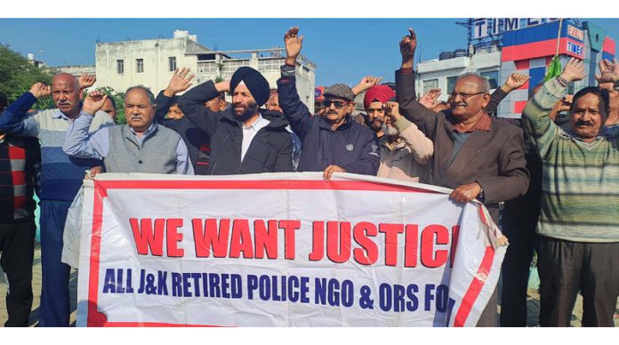 Retired Police personnel protesting in favour of their demands at Hari Singh Park Jammu on Tuesday.