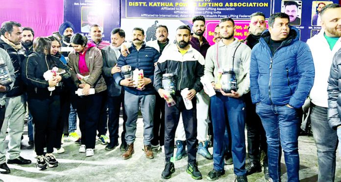 Athletes posing during 2nd District Level Deadlift Championship at Kathua on Sunday.