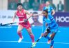 India and Japan players in action during a FIH Qualifier match at Ranchi.