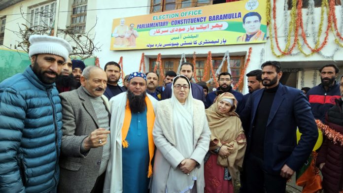 BJP’s National Executive Member, Dr Darakhshan Andrabi, general secy Sunil Sharma and others after opening party election office at Baramulla on Tuesday.