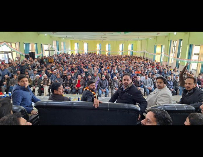 Senior AICC leader Bharatsinh Solanki and other party leaders during workers’ meeting at Doda on Thursday. Senior AICC leader Bharatsinh Solanki and other party leaders during workers’ meeting at Doda on Thursday.