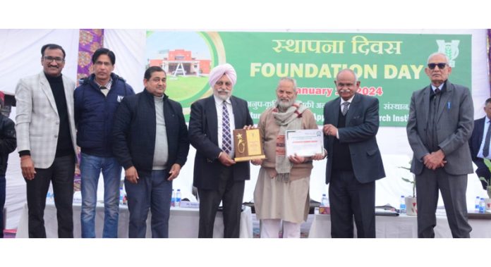Progressive farmer Tilak Raj receiving the Innovative Farmer Award during the celebration of Foundation Day of ICAR-Atari, Ludhiana, Zone-I, on Saturday.