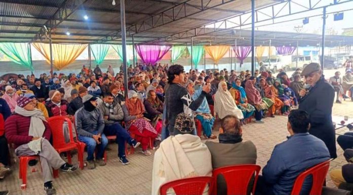 Senior Cong leader and former DyCM Tara Chand addressing workers’ meeting at Khour on Sunday.