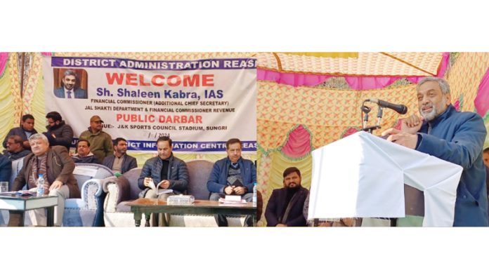Financial Commissioner JSD Shaleen Kabra addressing a gathering at Sungri on Sunday.