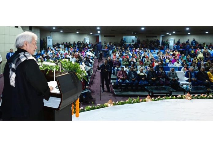 LG Manoj Sinha addressing a Kavi Sammelan at Abhinav Theatre. LG Manoj Sinha addressing a Kavi Sammelan at Abhinav Theatre.